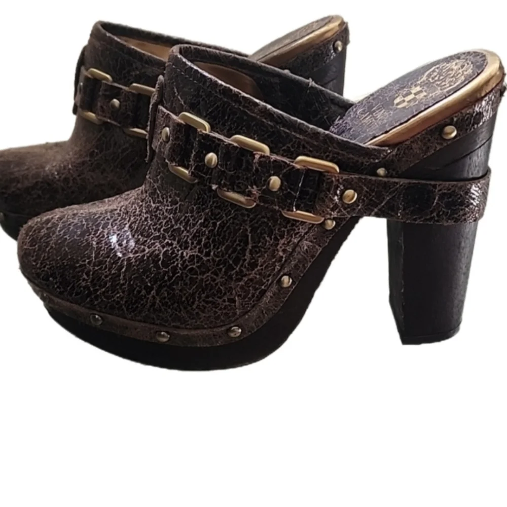 Vince Camuto Black Brown Crackle Leather Studded Platform Mules Grunge Y2K - Picture 2 of 16